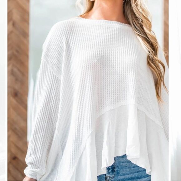 free people M Vada White Waffle Knit Crew Asymmetrical Long Sleeve Thermal Top - Picture 2 of 16